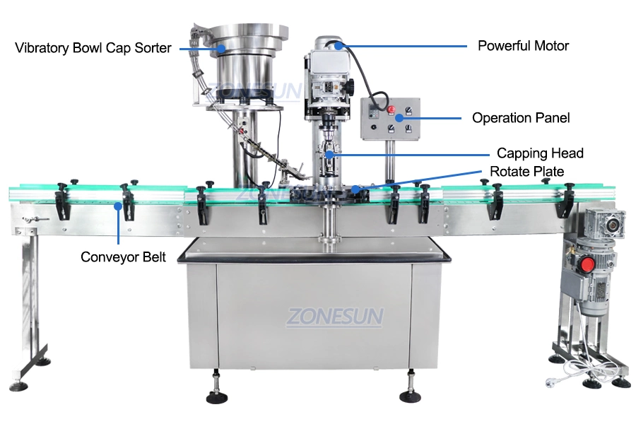 Zonesun Automatic Single Head Ropp Aluminium Cover Liquor Glass Wine Bottles Pilfer Proof Caps Screw Locking Capping Machines